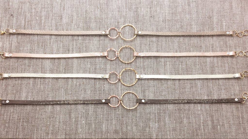 Devon Dowd Designs - Wholesale Beaded Bracelet - Double Gold Filled & Rose Gold Filled Bubble Circles & Metallic Leather0