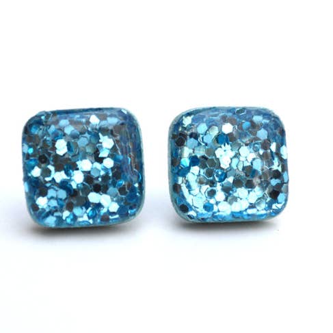 Aquamarine Square Glitter Studs for wholesale by Starlight Woods