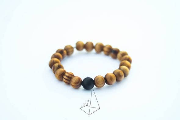 Foxfire Stones - Wholesale Beaded Bracelet - Clear Stretch String - Matte Black Onyx And Wood Bracelet