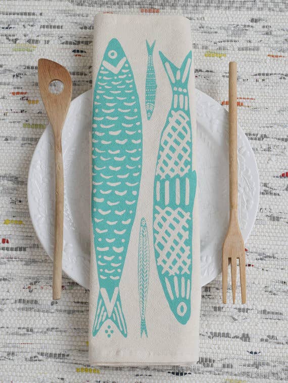 Hearth and Harrow – wholesale Tea towel – Sardines Tea Towel in Mint Green - Organic Cotton - Fishes1