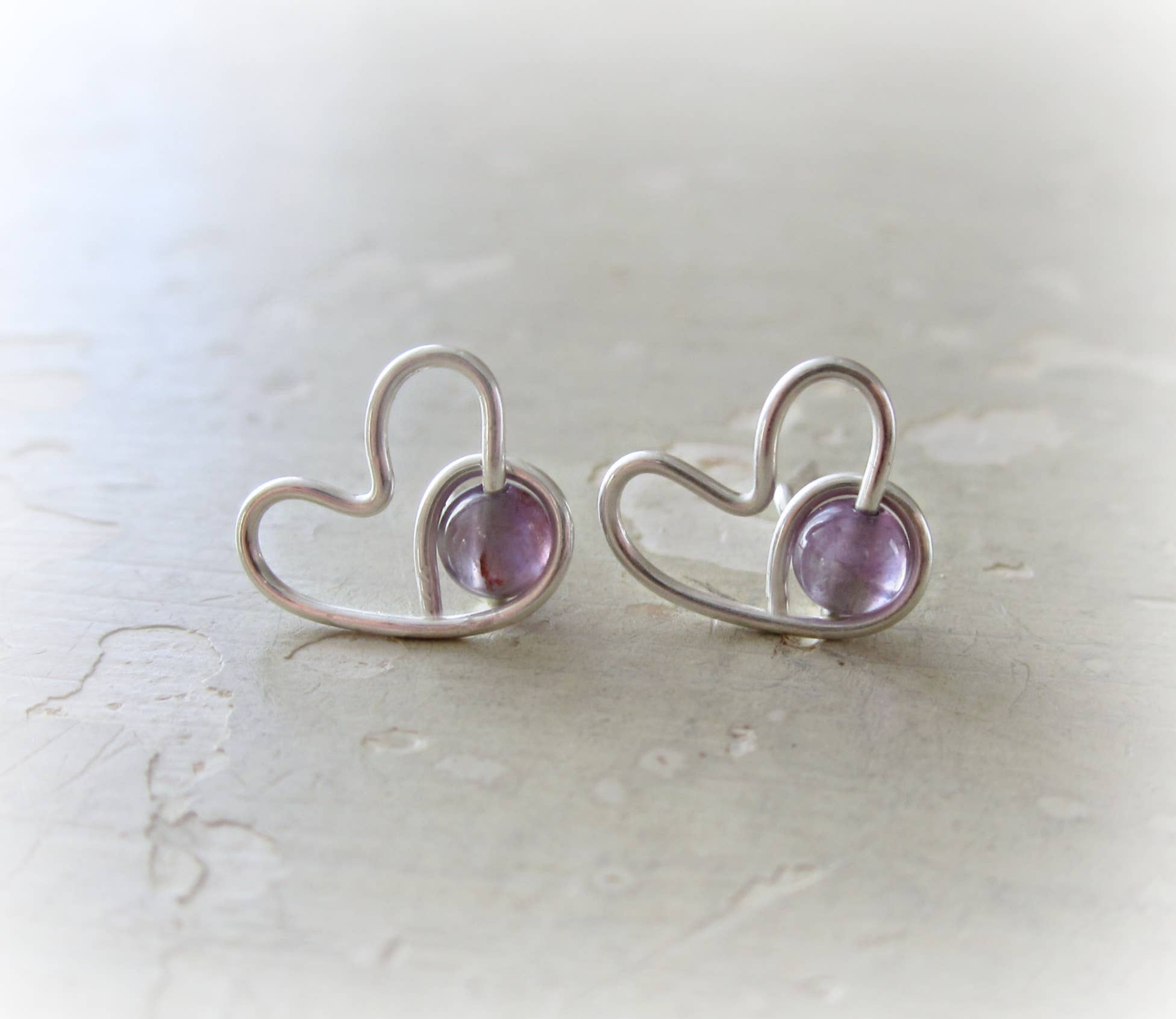 Contempo Jewelry - Wholesale Stud/Post Earrings - Amethyst + Sterling Silver Heart Stud Earrings 1