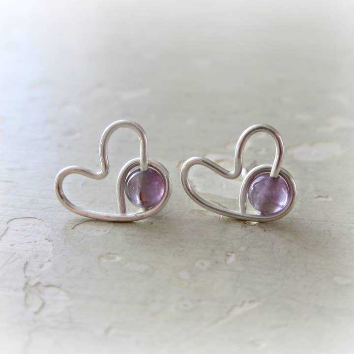 Contempo Jewelry - Wholesale Stud/Post Earrings - Amethyst + Sterling Silver Heart Stud Earrings 1