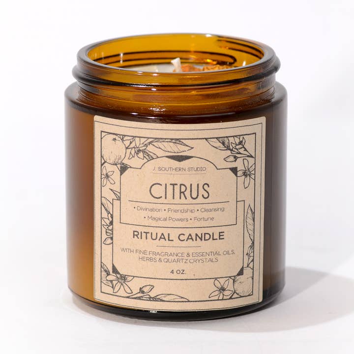 4 oz. Citrus Ritual Candle with crystals and essential oils for wholesale by J. Southern Studio