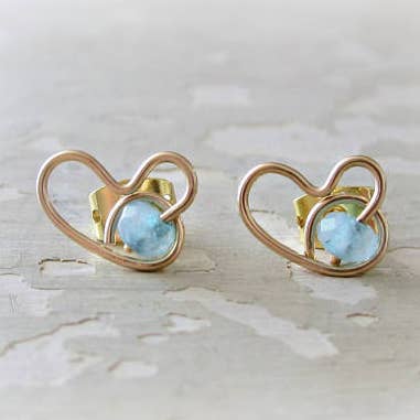 Aquamarine Heart + Gold Studs Earrings for wholesale by Contempo Jewelry