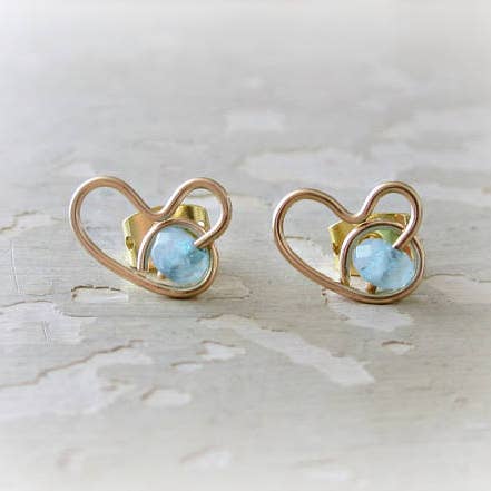 Aquamarine Heart + Gold Studs Earrings for wholesale by Contempo Jewelry