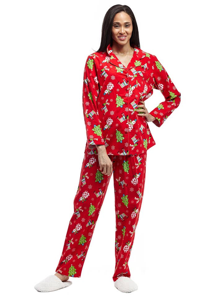 La Cera - Wholesale Sleepwear Set - Women's - Flannel Reindeer Print Pajama Set - RED0