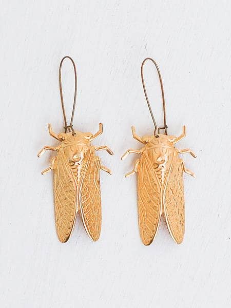 Gold Cicada Earrings Long Ear Wires Whimsical Bug Beetles for wholesale by Red Truck Designs