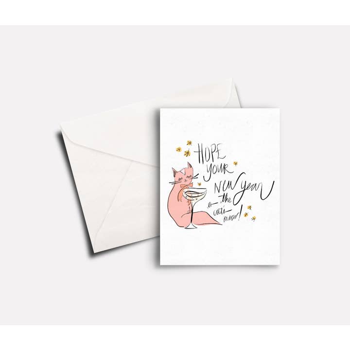 Happy New Year Cat's Meow Card for wholesale by peachbaby studio