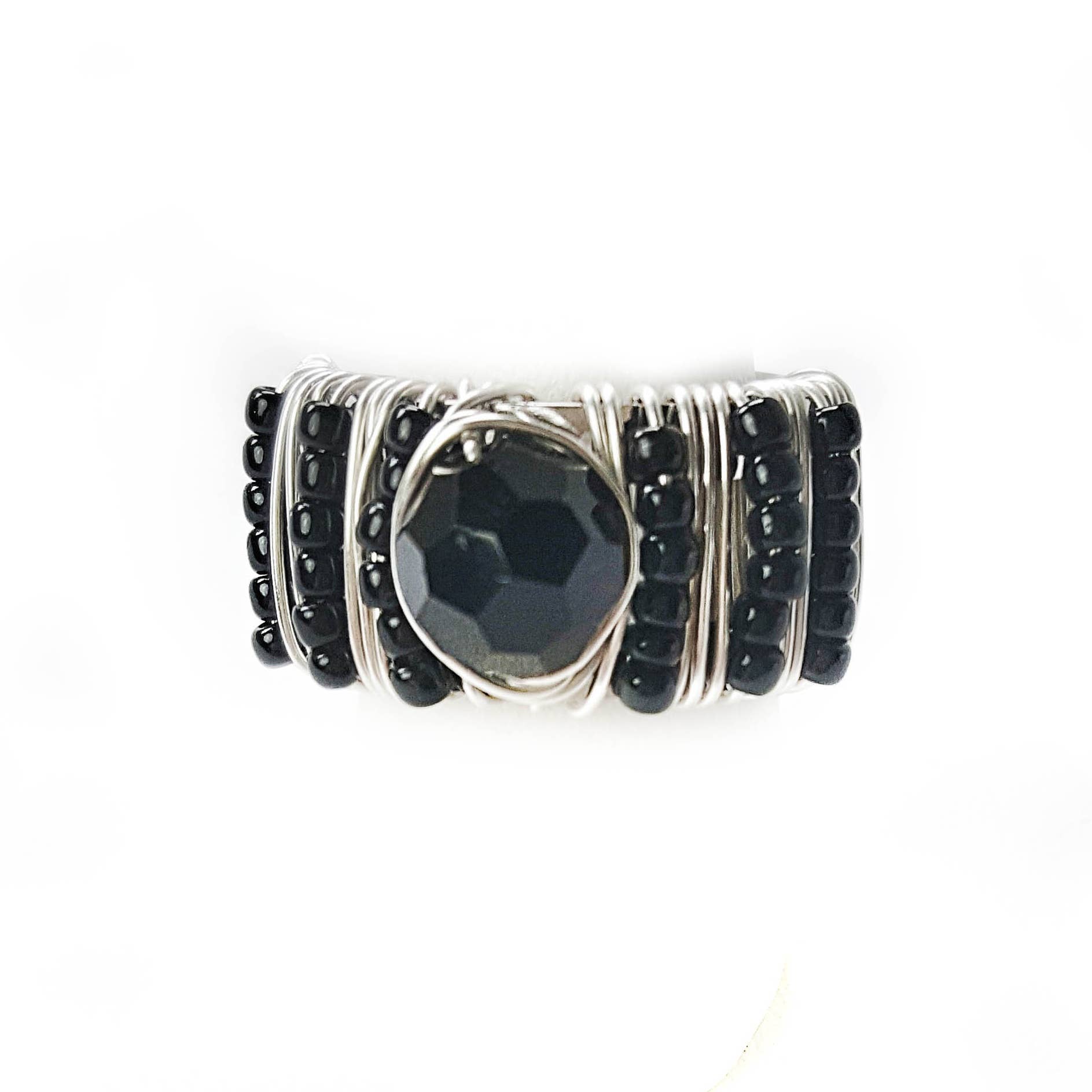Wrap Your Style - Wholesale Cocktail/Statement Ring - Adjustable Silver Ring Center Black Stone