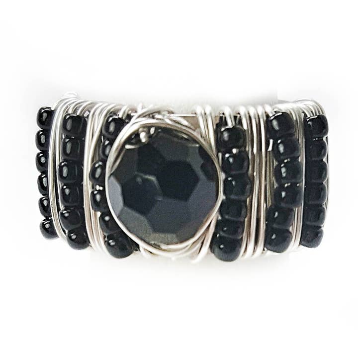 Wrap Your Style - Wholesale Cocktail/Statement Ring - Adjustable Silver Ring Center Black Stone0
