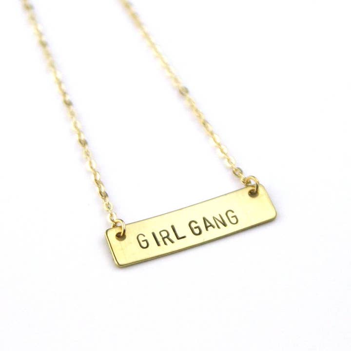 Girl Gang Hand-stamped Raw Brass Bar Necklace for wholesale by Peachtree Lane Co.