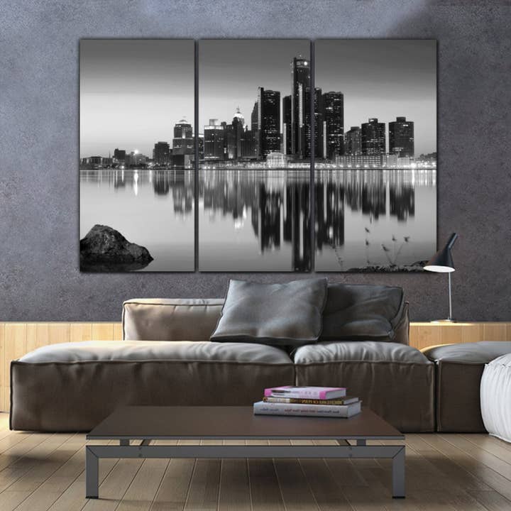 76" x 48" Detroit Skyline lærred i B & W for engroshandel hos HolyCowCanvas