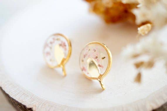 Ann + Joy - Wholesale Stud/Post Earrings - Gold Bird Stud Earrings in White and Light Pink1
