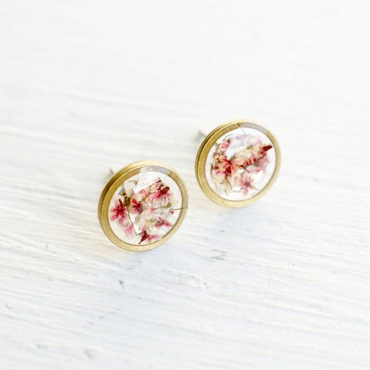Ann + Joy - Wholesale Stud/Post Earrings - Circle in Pinks & White Mix Real Pressed Flower and Resin Stud Earrings2