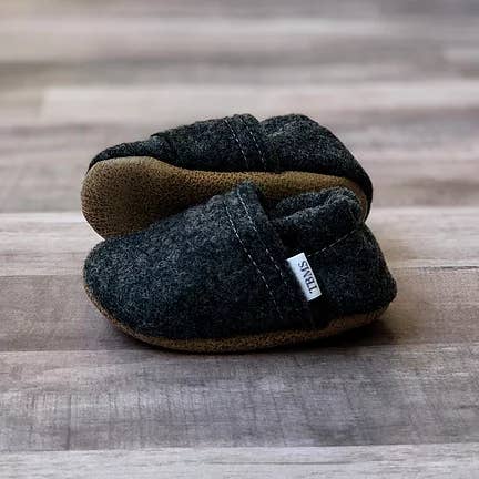 Charcoal Felt Moccasins for wholesale by Trendy Baby Mocc Shop