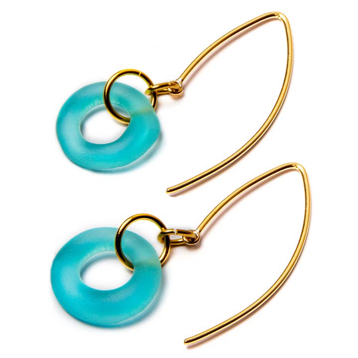 MINI BOOMERANG EARRINGS AQUA for wholesale by Smart Glass Recycled Jewelry