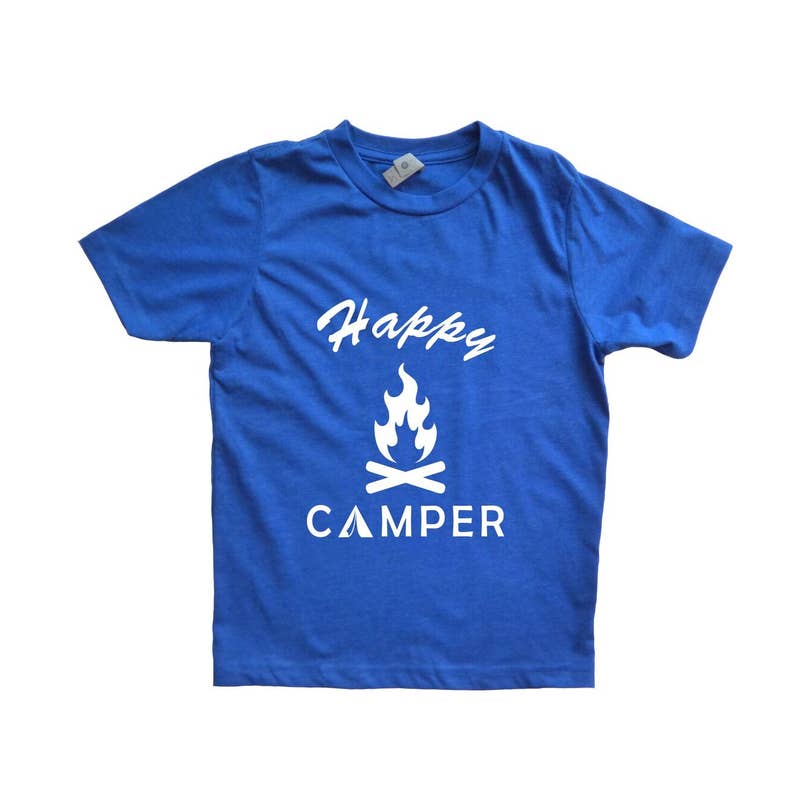 Outdoorable Apparel - Wholesale Screen Printed T-Shirt - Kids - Blue with White Happy Camper Boy's Shirt