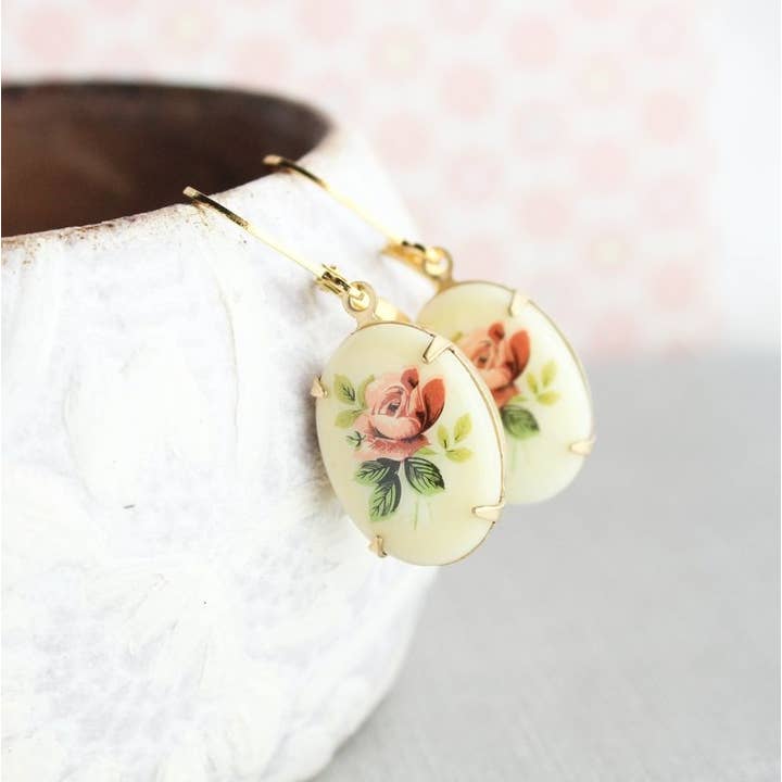 A Pocket of Posies - Wholesale Dangle Earrings - Cameo Drop Earrings - Vintage Style Red Rose