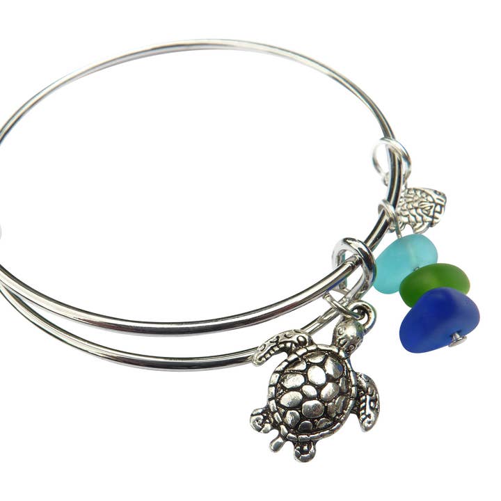 Sea Turtle Beach Glass Adjustable Bangle Bracelet for wholesale by Snazzy and Co