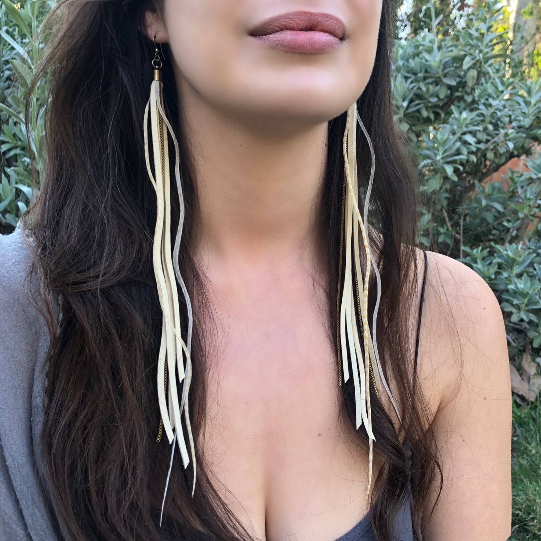 ASTALI - Wholesale Tassel Earrings - Leather & Feather Long Earring - Cream & Blonde Stripe, Boho1