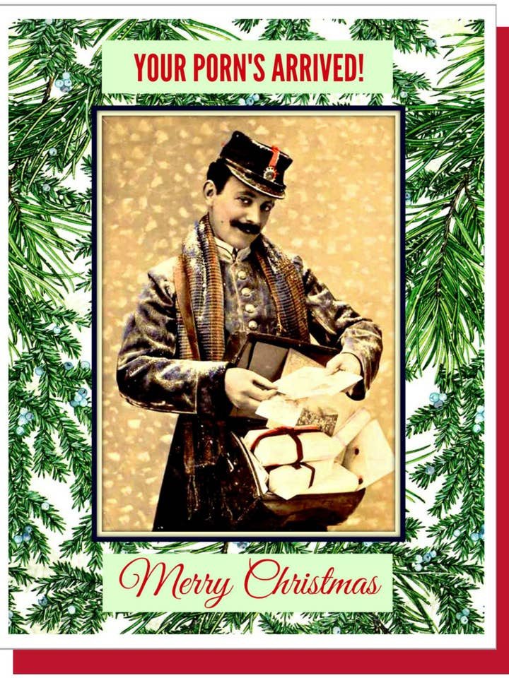 Your Porn's Arrived! Christmas Greeting Card for wholesale by Ümlaut Brooklyn