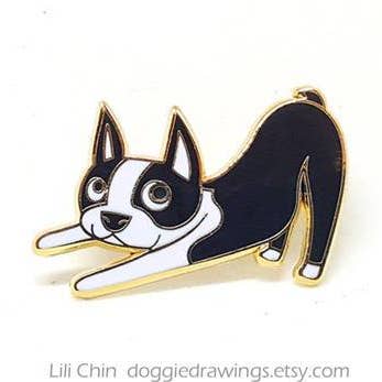Boston Terrier Downward Dog Enamel Pin for wholesale by Lili Chin Art