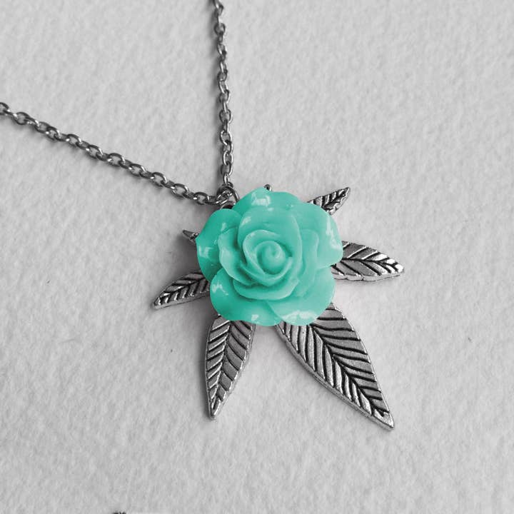 Cannabis Rose Weed Necklace - Silver and Mint for wholesale by Smokies Toke Couture