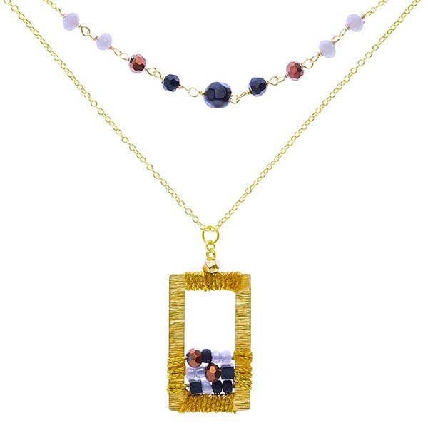 Marquet - Wholesale Pendant/Charm Necklace - Rose Geometric Rectangle Beaded Necklace with Crystal Beads2