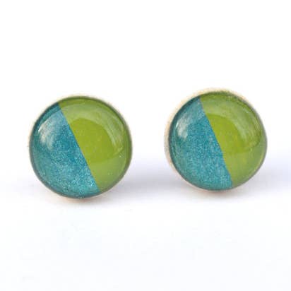 Two Tone Studs Inch Worm Green and Blue Topaz Post Earrings for wholesale by Starlight Woods