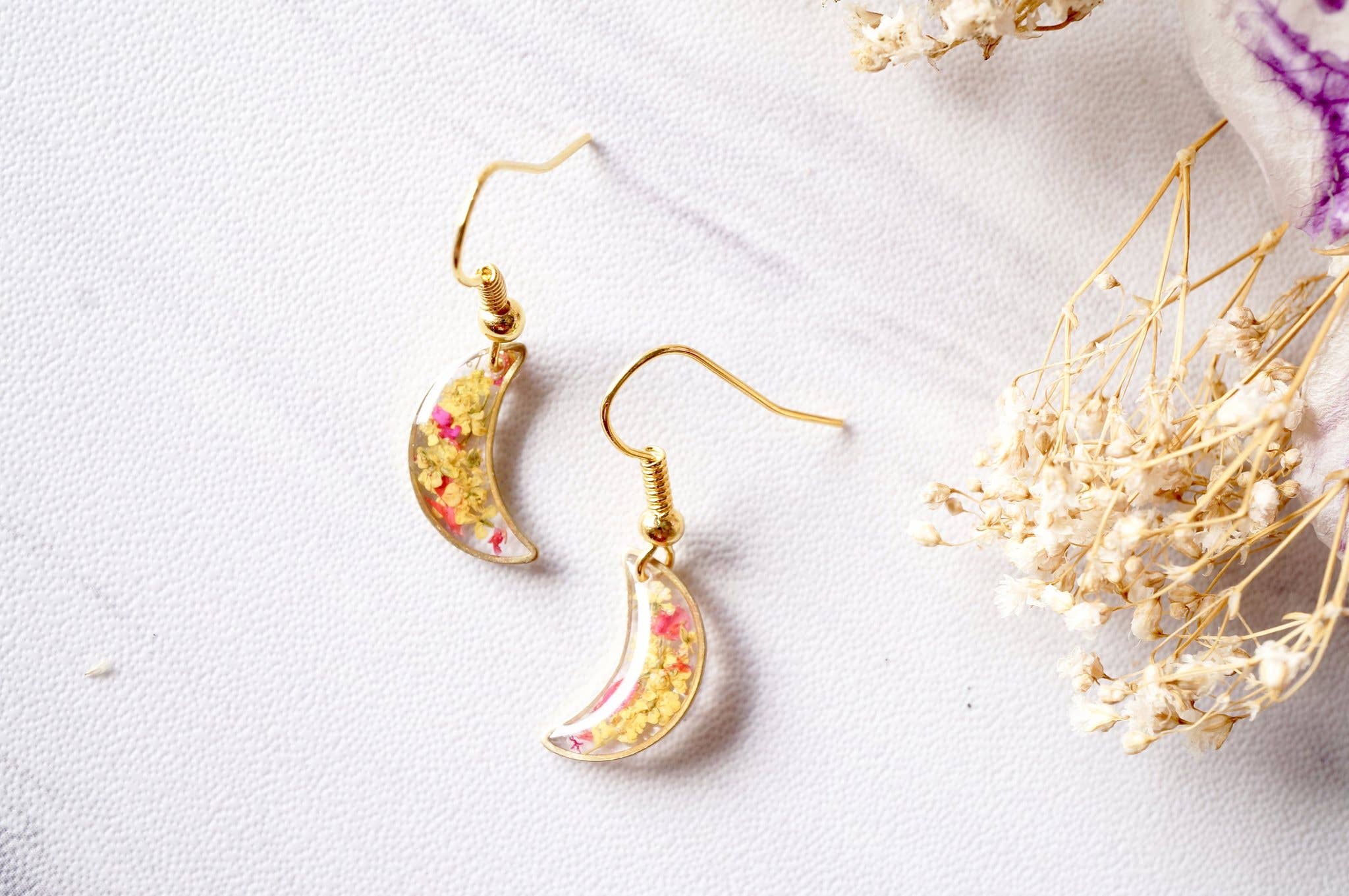Ann + Joy - Wholesale Dangle Earrings - Gold Moons in Yellow & Red Real Dried Flowers and Resin Earrings2