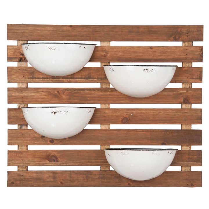 Foreside Home & Garden - Wholesale Wall Planter - Rustic Slat Wood Wall Planter with Four Distressed Pots1