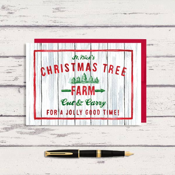 Watercolor Christmas Tree Farm Hand lettered Greeting Card for wholesale by Meadowbrook Lane