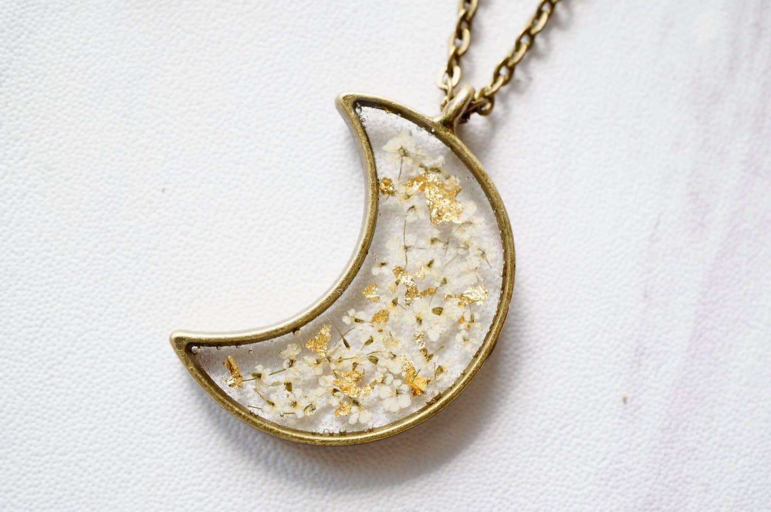 Ann + Joy - Wholesale Pendant/Charm Necklace - Moon in White & Gold Foil Mix Real Pressed Flowers and Resin Necklace2