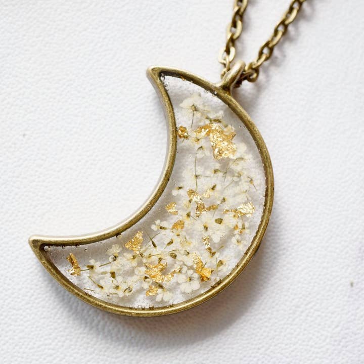 Ann + Joy - Wholesale Pendant/Charm Necklace - Moon in White & Gold Foil Mix Real Pressed Flowers and Resin Necklace2