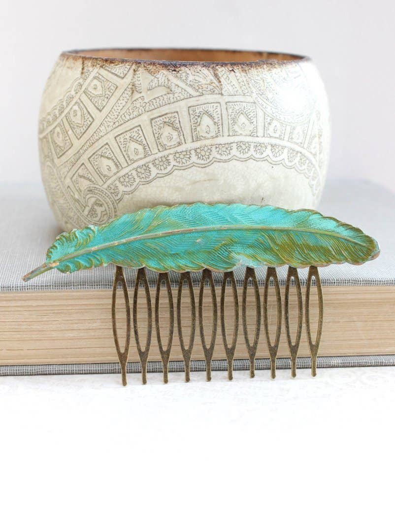 A Pocket of Posies - Wholesale Hair Pin - Big Feather Hair Comb - Verdigris Patina