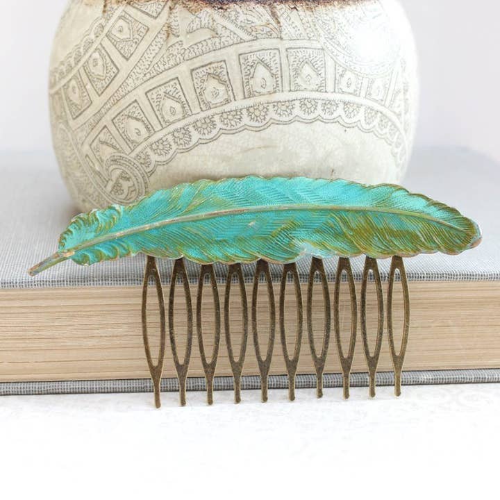 A Pocket of Posies - Wholesale Hair Pin - Big Feather Hair Comb - Verdigris Patina0