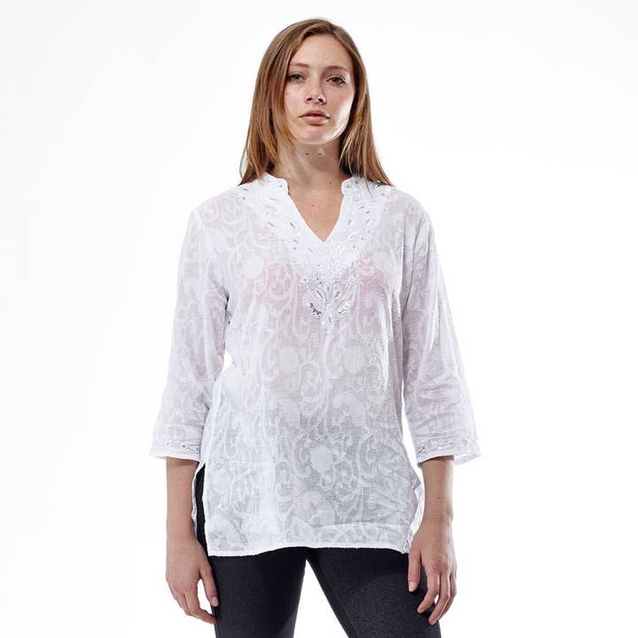Floral Embroidered Tunic Top - WHITE for wholesale by La Cera