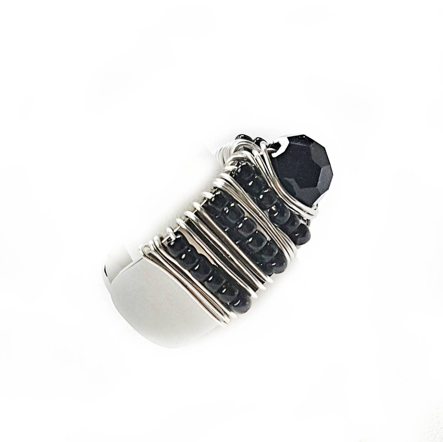 Wrap Your Style - Wholesale Cocktail/Statement Ring - Adjustable Silver Ring Center Black Stone1