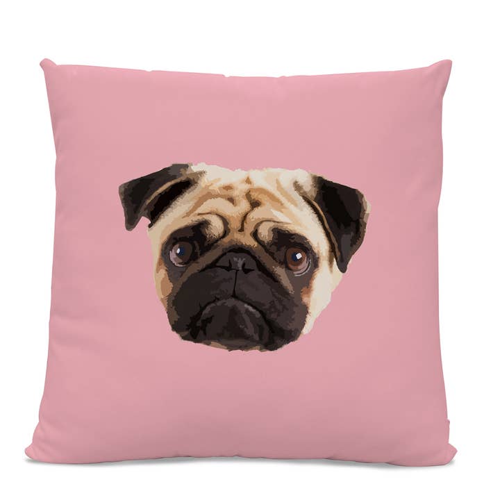 Coussin visage carlin polyester filé 14" x 14" pour la vente par Sophisticated Pup