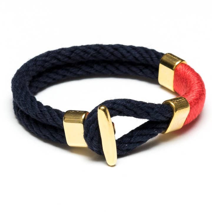Allison Cole Jewelry - Wholesale Woven/Braided Bracelet - Cambridge - Navy/Coral/Gold - Nautical Rope Bracelet