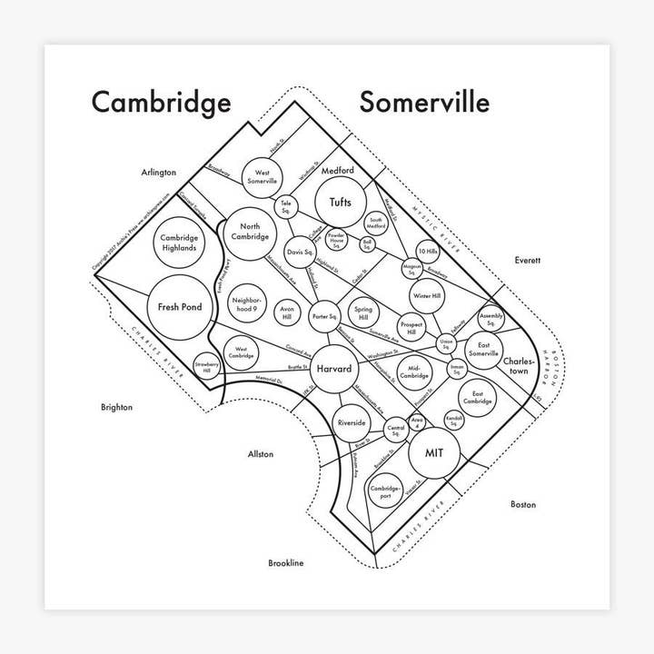 Impressão do mapa de Cambridge e Somerville por atacado de Archie's Press