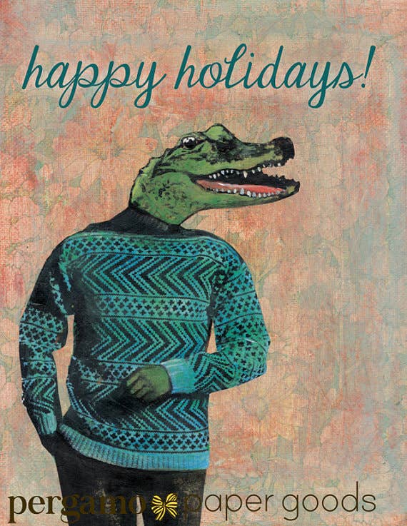 Pergamo Paper Goods - Wholesale Season's Greetings Card - Alligator Holiday Card Set of 6 - Men's Card, Vintage Style1