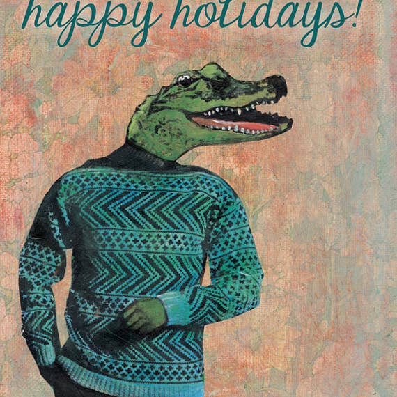 Pergamo Paper Goods - Wholesale Season's Greetings Card - Alligator Holiday Card Set of 6 - Men's Card, Vintage Style1