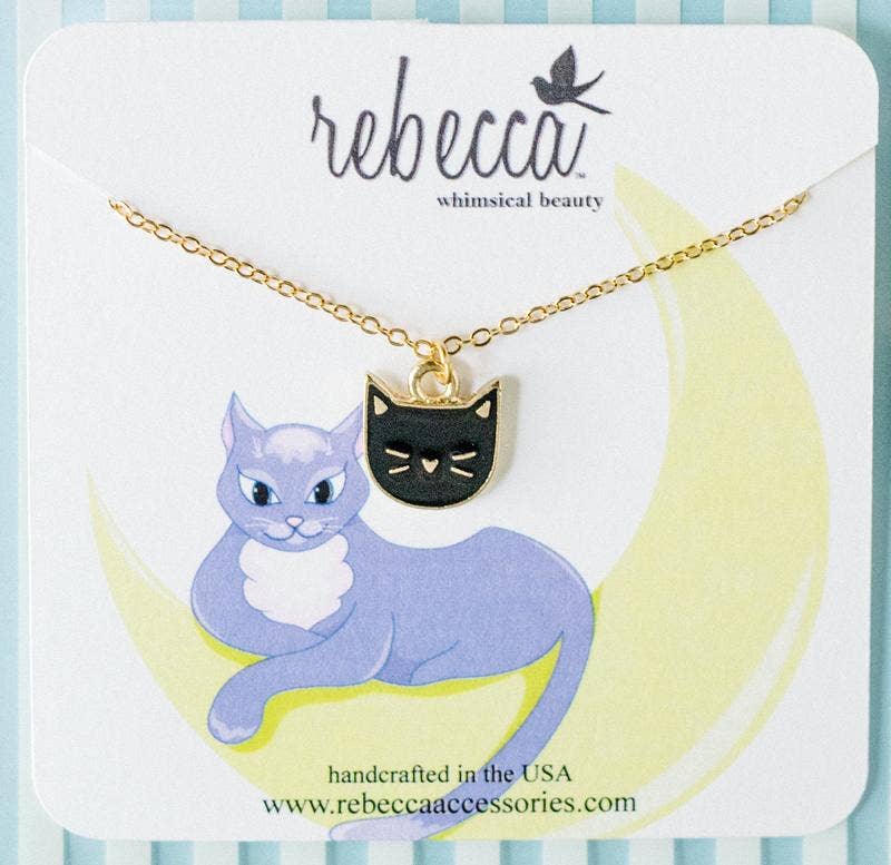 Rebecca Accessories LLC – Großhandel Halskette – Kinder – Emaillierte Charm-Halskette mit schwarzen Katzen, für Kinder, Tier, Haustier, Gold1