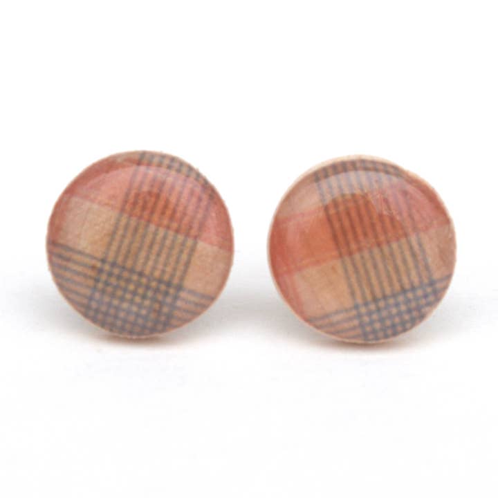 Pendientes de tuerca de madera a cuadros rojos y azules con postes de titanio para venta al por mayor de Starlight Woods