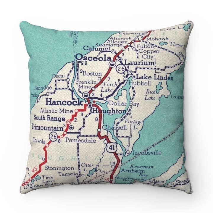 Houghton Michigan Map Pillow – 18" Square Throw Pillow for wholesale by Daisy Mae Designs