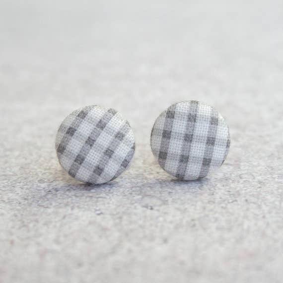 Rachel O's - Wholesale Stud/Post Earrings - Gray Gingham Fabric Button Earrings