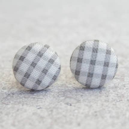 Rachel O's - Wholesale Stud/Post Earrings - Gray Gingham Fabric Button Earrings