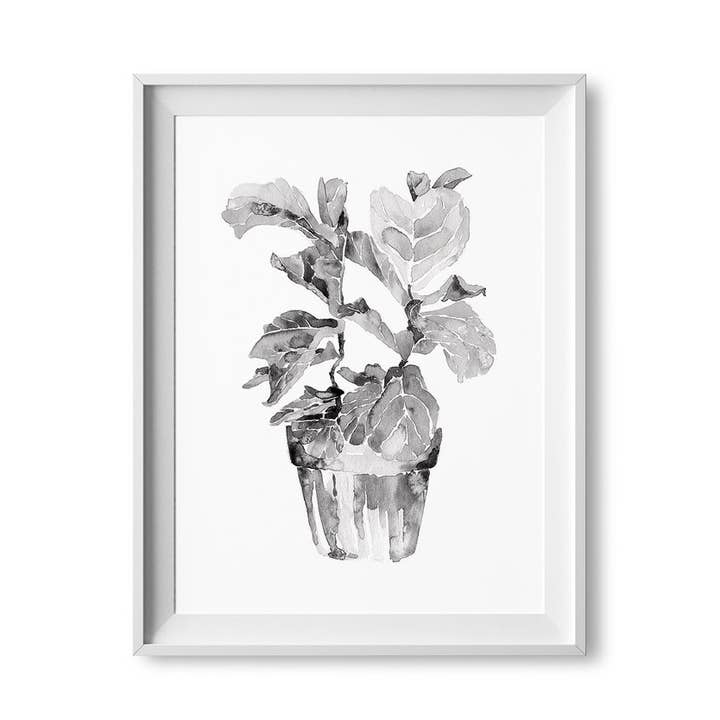 8” x 10” Black and White Fiddle Leaf Fig Watercolor Print for wholesale by Lilac Paperie