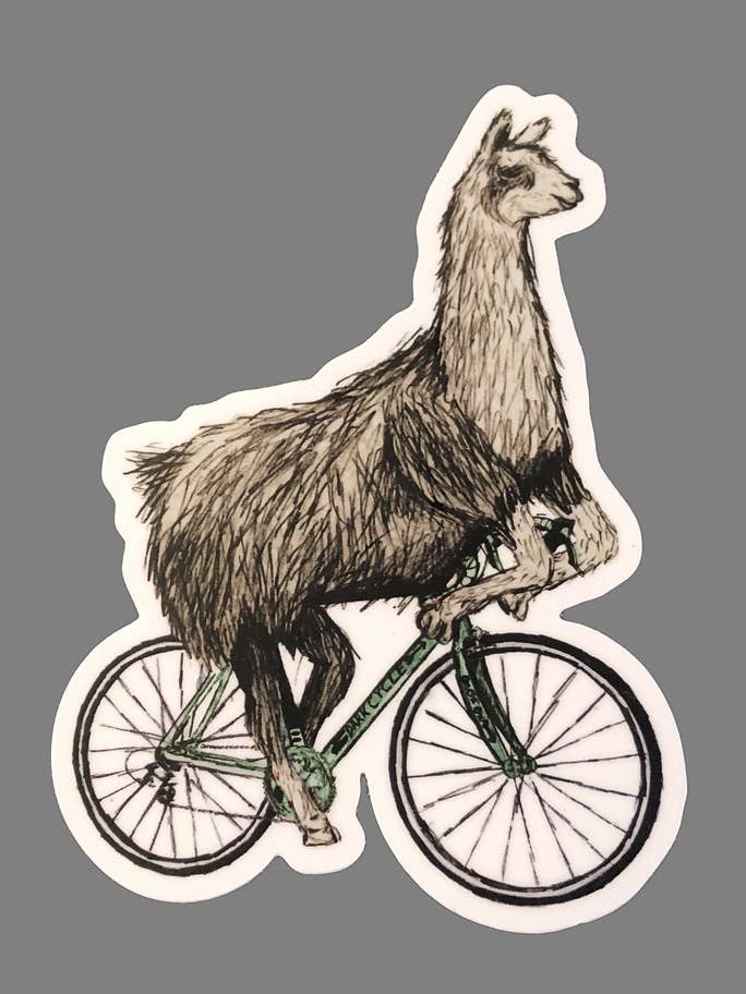 Llama On A Bicycle Vinyl Sticker for wholesale by Dark Cycle Clothing